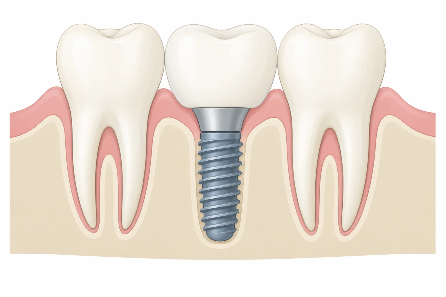 La couronne repose sur un pilier relié à l’implant, ancré dans l’os.