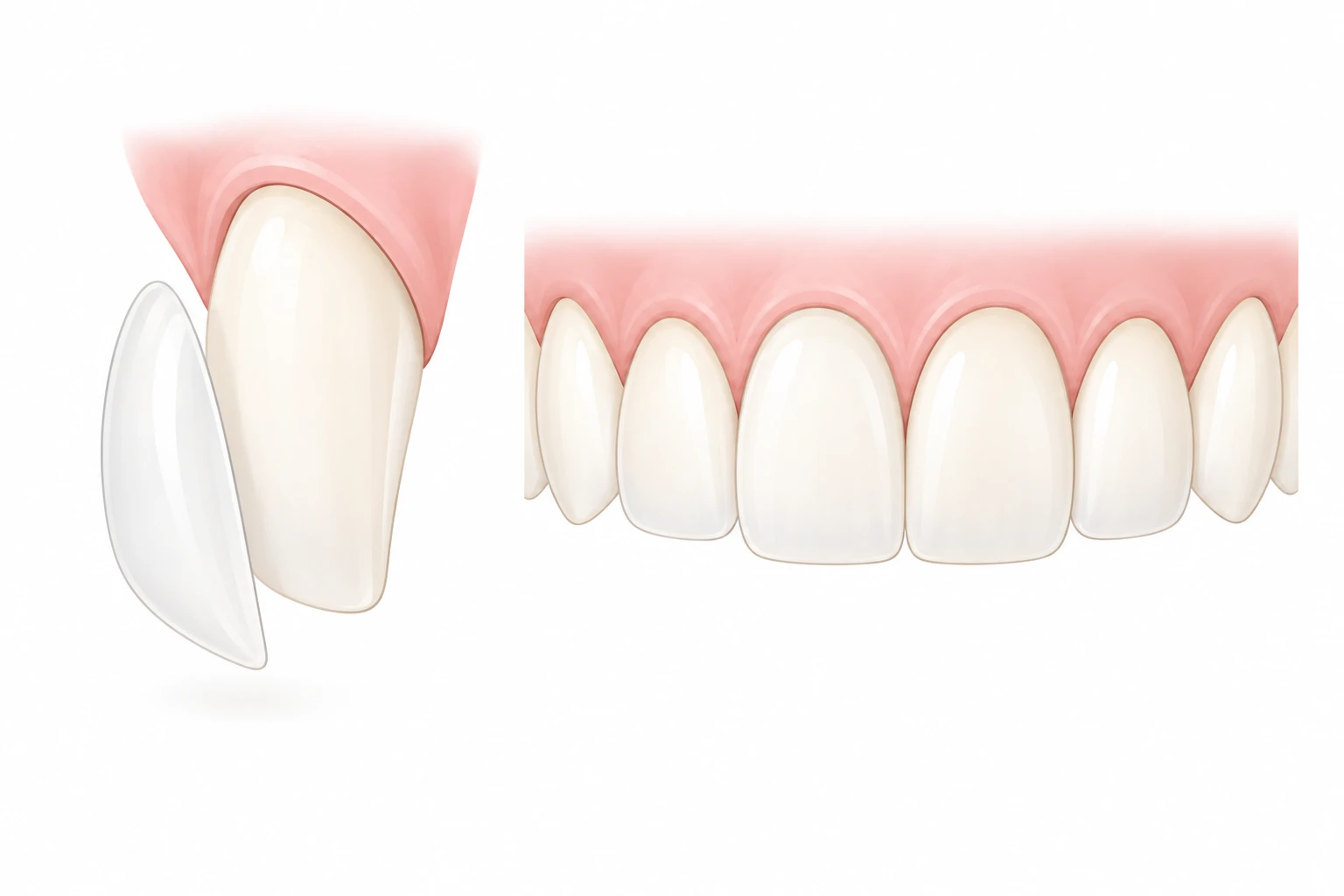 Une fine facette de céramique recouvre la face visible de la dent et s’intègre au sourire. Illustration simplifiée.